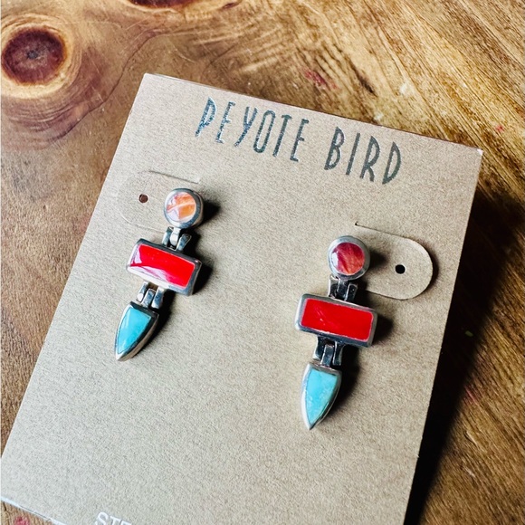Peyote Bird Sterling Silver Earrings - Red and Blue - Picture 3 of 8